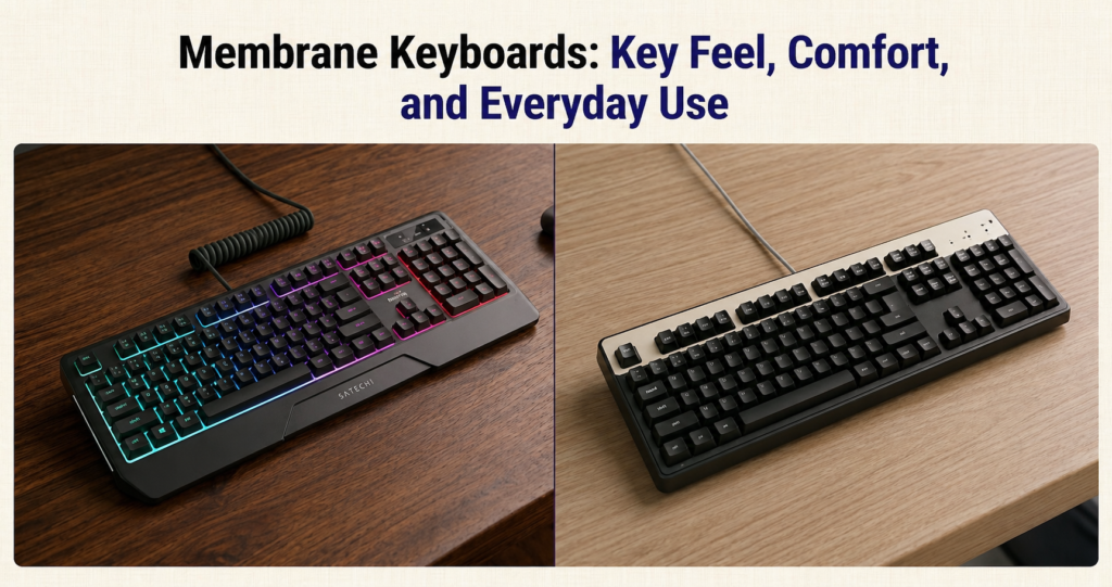 Membrane keyboards comparison slide showing an RGB backlit keyboard on a dark wooden desk and a minimalist black keyboard on a light wood desk under the heading “Membrane Keyboards: Key Feel, Comfort, and Everyday Use.”