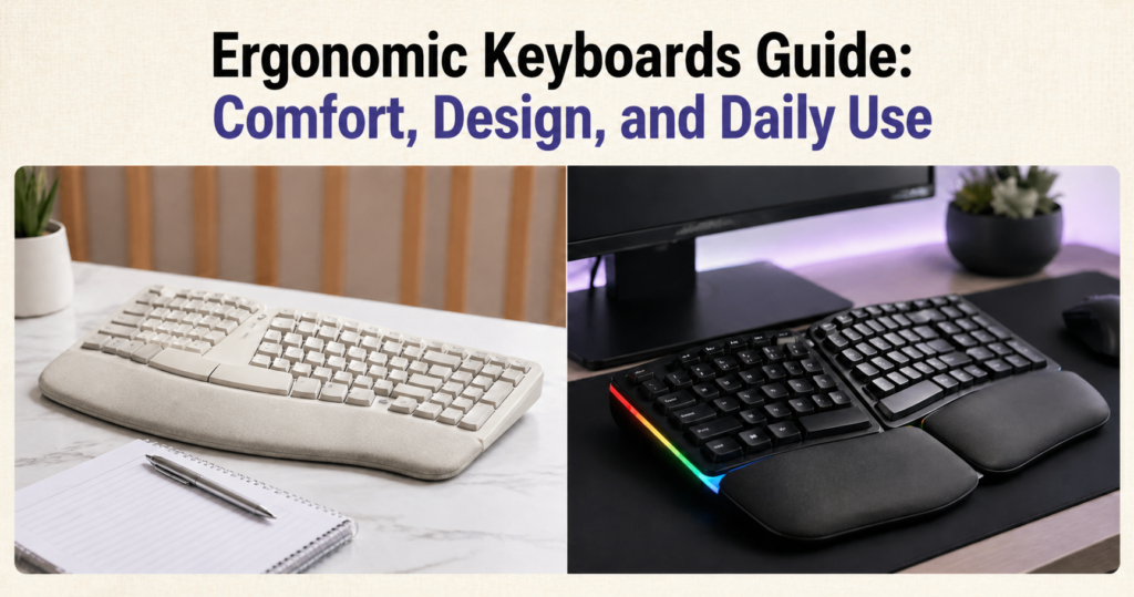 Ergonomic keyboards guide header featuring two ergonomic keyboards: a light curved keyboard with a padded wrist rest on a marble desk and a split RGB ergonomic keyboard with wrist support on a modern desk setup.