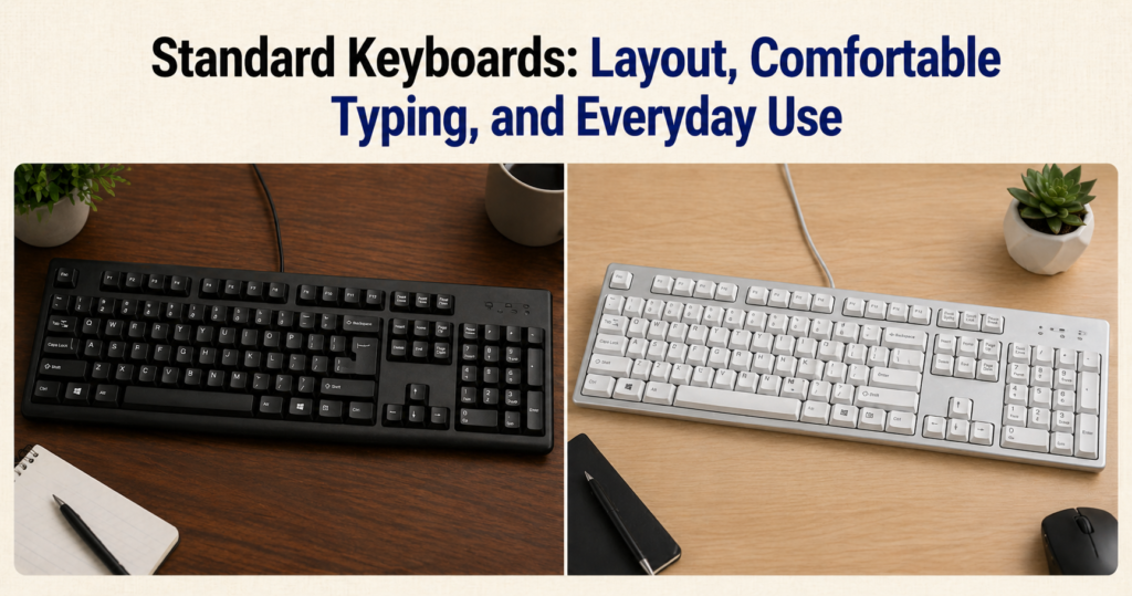 Standard keyboards comparison header with secondary color #4F46E5 in the title, showing a black full-size keyboard on a dark wooden desk and a white full-size keyboard on a light wood desk for everyday typing use.