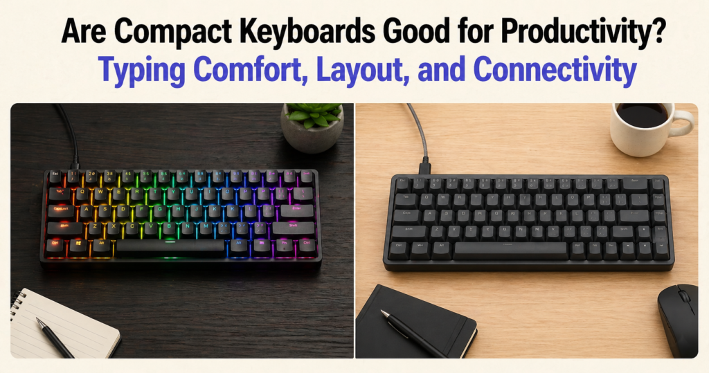 Compact mechanical keyboards on modern desks with RGB lighting and minimalist workspace setup for productivity.