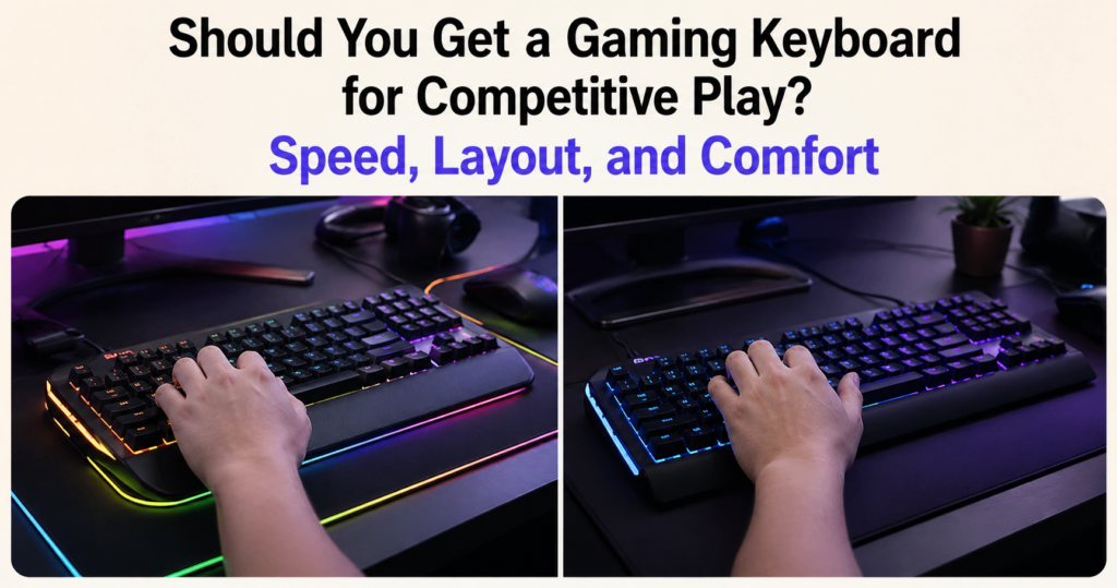 Gaming keyboard comparison header with RGB mechanical keyboards on dark desks and bold title “Should You Get a Gaming Keyboard for Competitive Play? Speed, Layout, and Comfort” in black and #4F46E5 accent color.