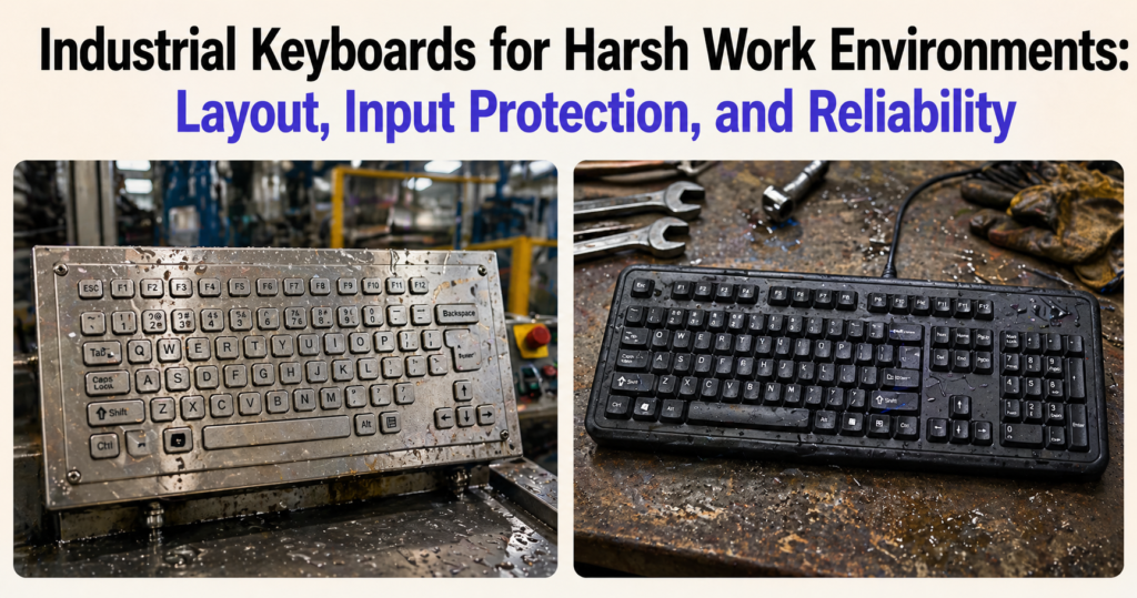 Rugged industrial keyboards in factory and workshop settings with sealed metal and waterproof designs, displayed under the heading “Industrial Keyboards for Harsh Work Environments: Layout, Input Protection, and Reliability” on a light beige background with #4F46E5 accent text.