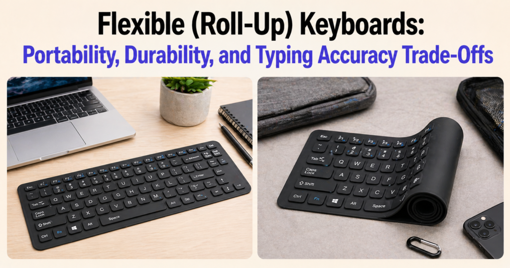 Flexible roll-up silicone keyboards shown flat beside a laptop and partially rolled for portability under the heading “Flexible (Roll-Up) Keyboards: Portability, Durability, and Typing Accuracy Trade-Offs” on a light beige background with black and #4F46E5 accent text.