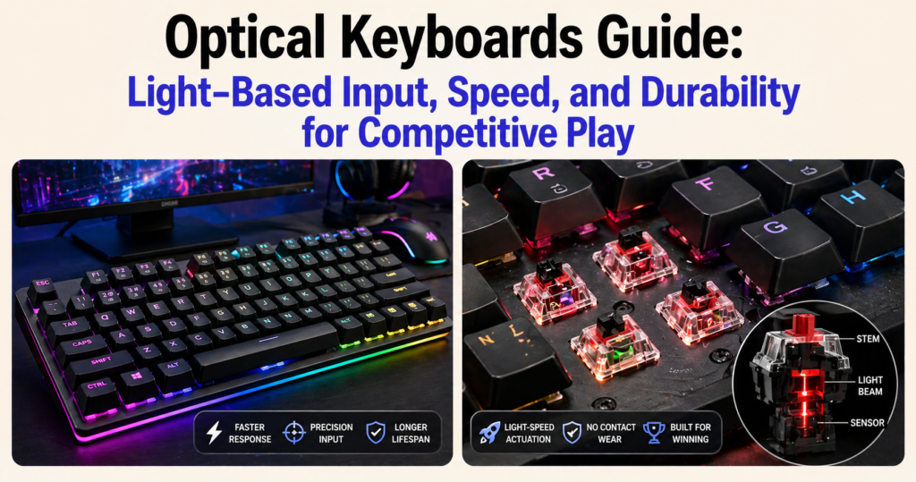 Optical mechanical keyboards with RGB lighting and exposed optical switches on a modern gaming desk, displayed under the heading “Optical Keyboards Guide: Light-Based Input, Speed, and Durability for Competitive Play” on a light beige background with black primary text and #4F46E5 accent color.