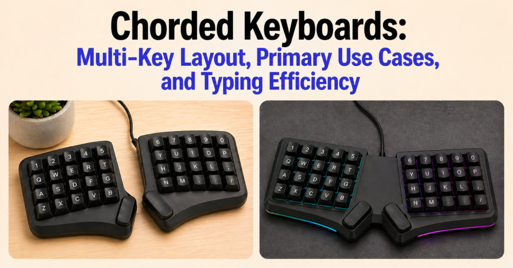 Chorded Keyboards: Multi-Key Layout, Primary Use Cases, and Typing Efficiency” with a secondary blue (#4F46E5) subtitle, and two split ergonomic chorded keyboards displayed side by side on clean desk backgrounds, focusing only on the keyboards with minimal surrounding elements.