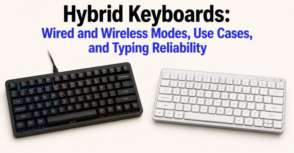 Clean banner featuring the title “Hybrid Keyboards: Wired and Wireless Modes, Use Cases, and Typing Reliability” with black primary text and #4F46E5 secondary text, showing two different keyboards below—one wired RGB mechanical keyboard and one slim white wireless keyboard—on a minimalist light beige background.