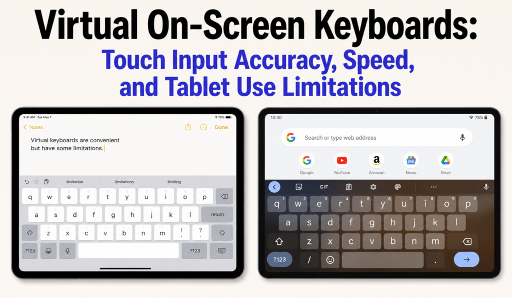Clean 1200 × 628 style banner with the headline “Virtual On-Screen Keyboards: Touch Input Accuracy, Speed, and Tablet Use Limitations” in black and #4F46E5 accent text, showing two tablet screens side by side displaying different on-screen keyboards—one light theme and one dark theme—on a minimalist light beige background.