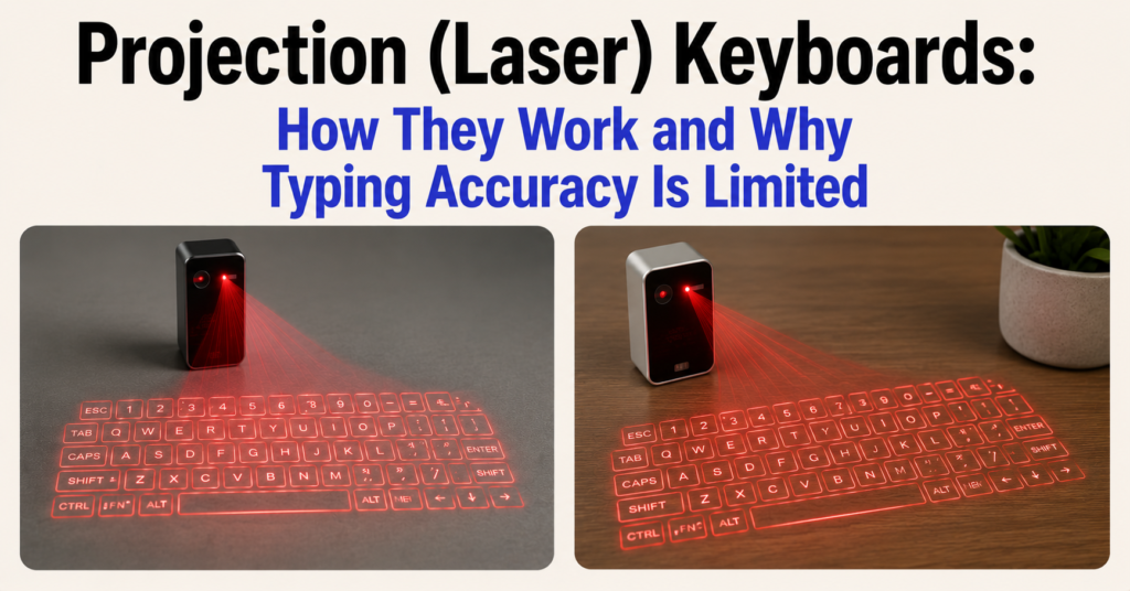 Clean 1200 × 628 banner with the title “Projection (Laser) Keyboards: How They Work and Why Typing Accuracy Is Limited” in black and #4F46E5 accent text, showing two different projection laser keyboard devices side by side, each casting a red virtual keyboard onto a flat surface against a minimalist light beige background.
