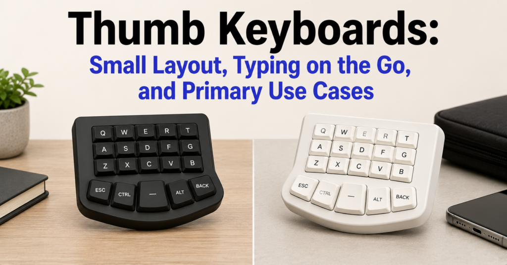Wide banner image featuring two compact thumb keyboards side by side on a clean, light peach background—one black and one white—under the heading “Thumb Keyboards: Small Layout, Typing on the Go, and Primary Use Cases,” highlighting portable design and one-handed typing functionality.