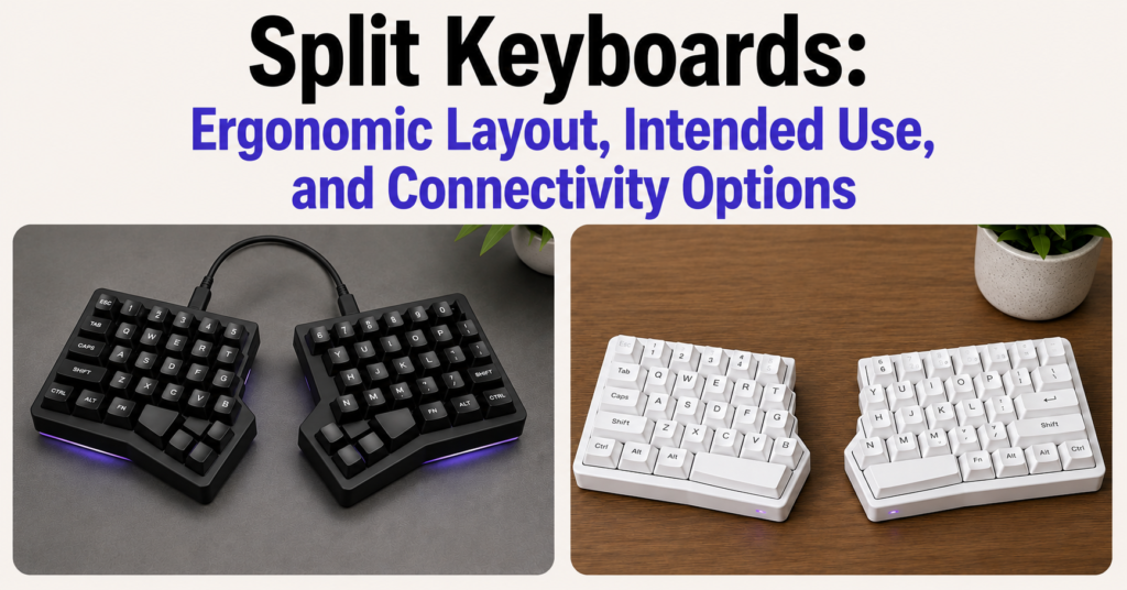 Clean banner featuring the title “Split Keyboards: Ergonomic Layout, Intended Use, and Connectivity Options” with black primary text and #4F46E5 secondary text, showing two different split ergonomic keyboards side by side—one black RGB split keyboard and one white minimalist split keyboard—on a light beige background with rounded image panels.