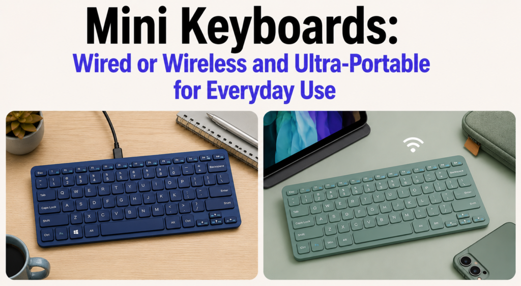 Clean banner featuring the title “Mini Keyboards: Wired or Wireless and Ultra-Portable for Everyday Use” with black primary text and #4F46E5 secondary text, showing two colorful mini keyboards side by side—a navy blue wired keyboard on a wooden desk and a sage green wireless keyboard beside a tablet and phone—on a minimalist light beige background.