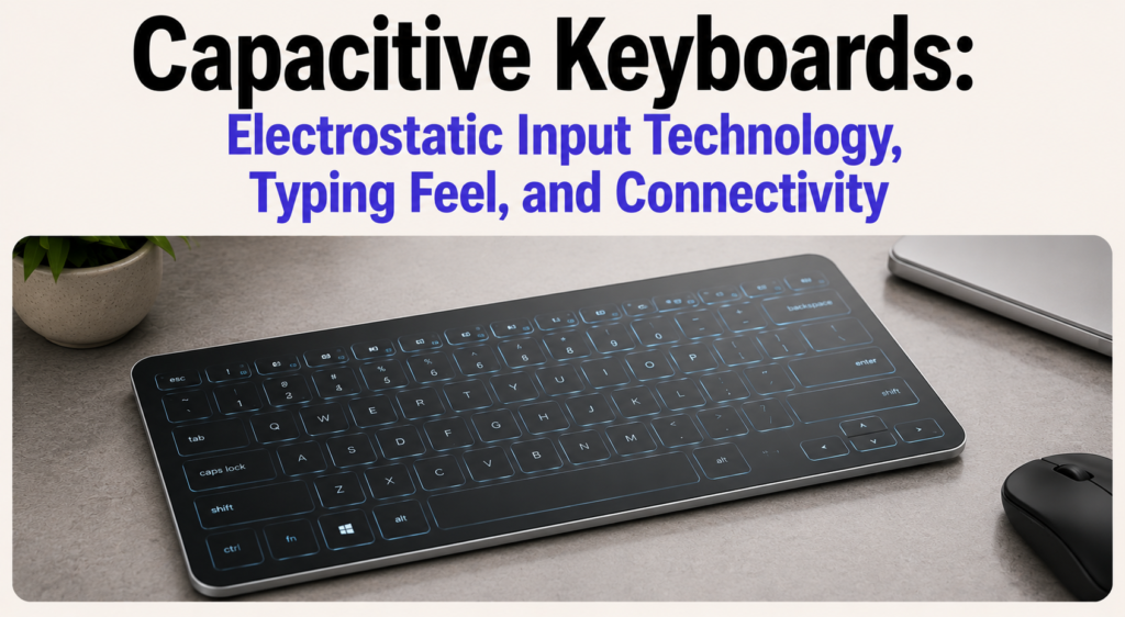 Capacitive keyboard with electrostatic touch-based input technology displayed on a modern desk beside a laptop and wireless mouse, featured under the heading “Capacitive Keyboards: Electrostatic Input Technology, Typing Feel, and Connectivity” in a clean minimalist banner design.