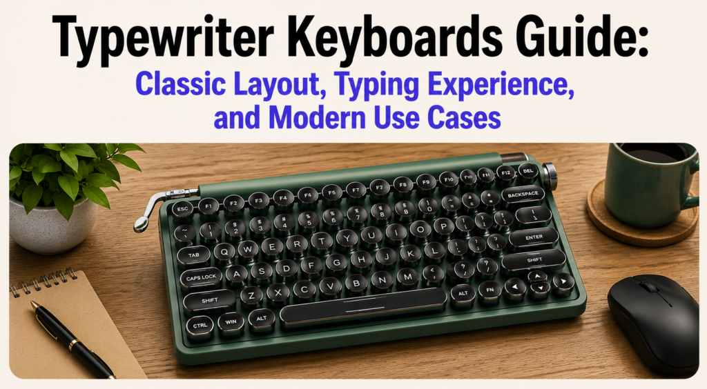 Typewriter-style mechanical keyboard with round retro keycaps displayed on a wooden desk beside a notebook, plant, mug, and mouse, featured under the heading “Typewriter Keyboards Guide: Classic Layout, Typing Experience, and Modern Use Cases” in a clean minimalist banner design.