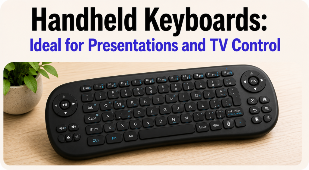 Handheld wireless keyboard with integrated media and navigation controls displayed on a wooden desk beneath the heading “Handheld Keyboards: Ideal for Presentations and TV Control” in a clean minimalist banner design.