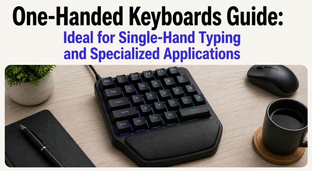 One-handed mechanical keyboard with compact ergonomic layout and RGB lighting displayed on a modern desk beside a notebook, coffee mug, and mouse, featured under the heading “One-Handed Keyboards Guide: Ideal for Single-Hand Typing and Specialized Applications” in a clean minimalist banner design.