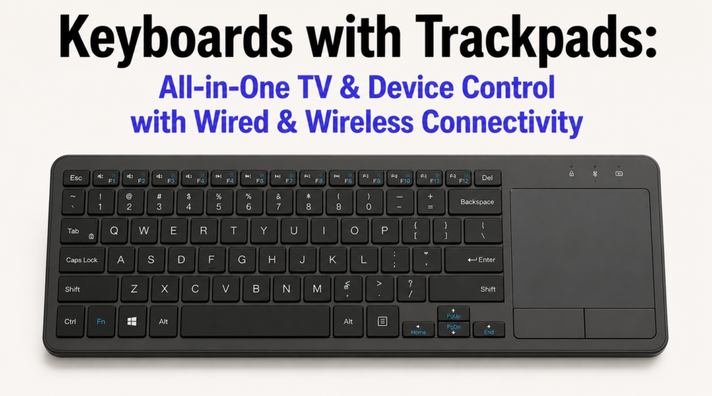 Compact keyboard with a large built-in trackpad displayed on a clean light background beneath the heading “Keyboards with Trackpads: All-in-One TV & Device Control with Wired & Wireless Connectivity” in a minimalist banner design.