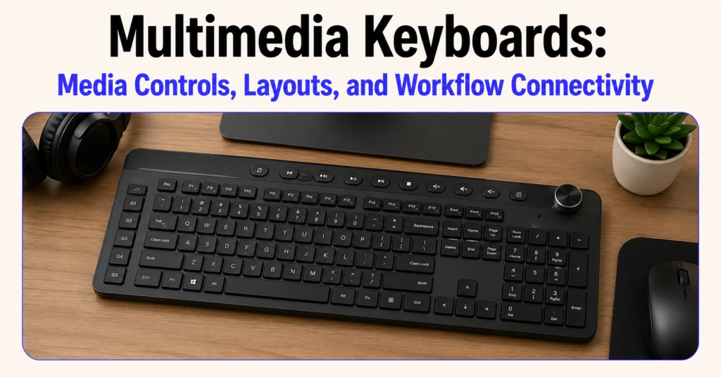 Multimedia keyboard with dedicated media control buttons and volume dial displayed on a wooden desk beside headphones and a mouse, featured under the heading “Multimedia Keyboards: Media Controls, Layouts, and Workflow Connectivity” on a clean light beige background.