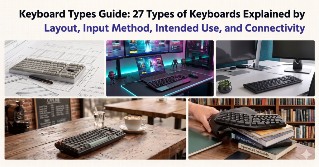 "A featured guide image titled 'Keyboard Types Guide: 27 Types of Keyboards Explained by Layout, Input Method, Intended Use, and Connectivity.' The graphic features a five-panel collage showing different keyboards in context: a retro mechanical keyboard on blueprints, an RGB gaming keyboard setup, a sleek low-profile keyboard on a minimalist desk, a compact mechanical keyboard on a rustic cafe table, and a split ergonomic keyboard resting on books in a library