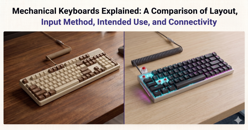 Split-screen guide titled "Mechanical Keyboards Explained" comparing a full-size retro keyboard to a compact modern RGB keyboard.