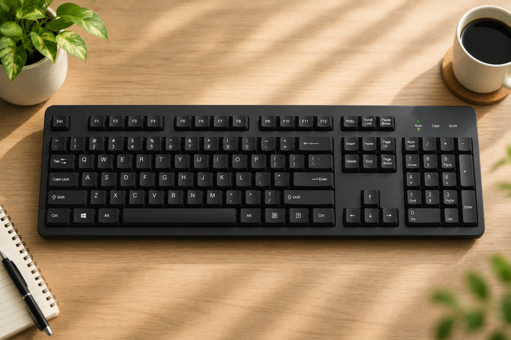 A standard full-size keyboard on a clean wooden desk, surrounded by a notebook, coffee mug, and indoor plants. Soft natural lighting creates a modern and organized workspace ideal for productivity and everyday computer use.