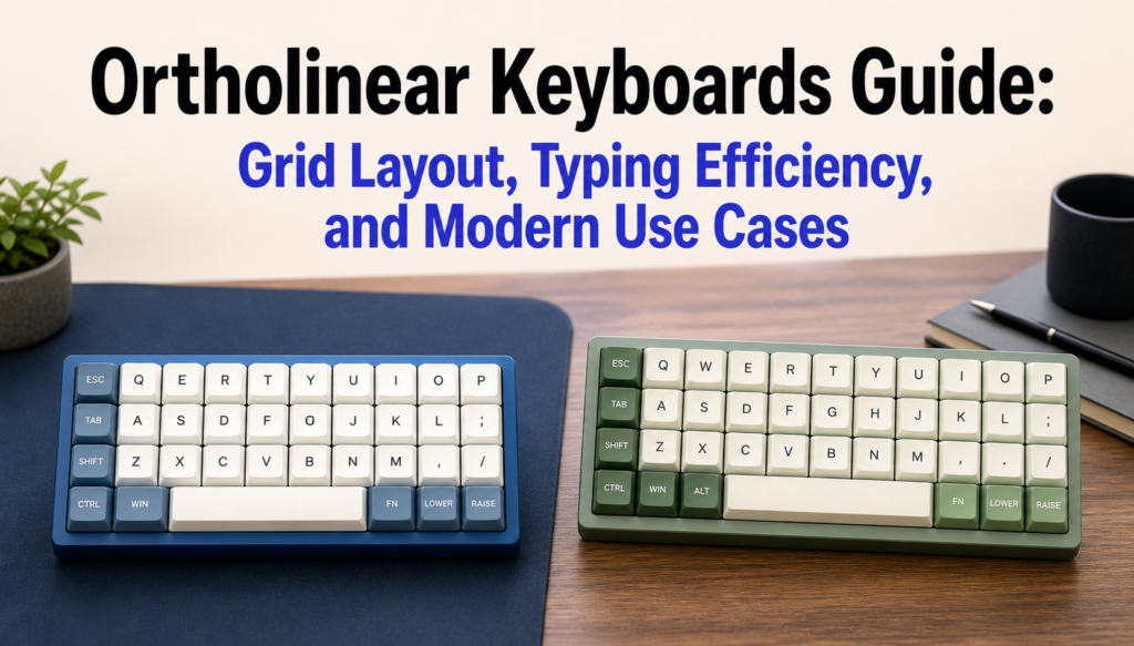 Clean 1200 × 628 banner featuring the headline “Ortholinear Keyboards Guide: Grid Layout, Typing Efficiency, and Modern Use Cases” with black primary text and #4F46E5 accent color, displaying two ortholinear keyboards with straight grid-aligned keys side by side on a minimalist light beige background.