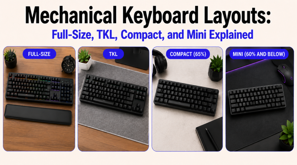 Comparison banner showing four mechanical keyboard layouts including full-size, TKL, compact 65%, and mini 60% keyboards displayed on different desk setups with labeled sections under the heading “Mechanical Keyboard Layouts: Full-Size, TKL, Compact, and Mini Explained” on a clean light beige background.