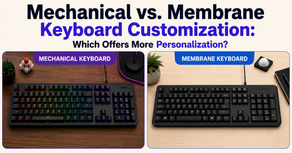 Comparison banner featuring a colorful RGB mechanical keyboard on a wooden desk beside a low-profile membrane keyboard on a light workspace, under the heading “Mechanical vs. Membrane Keyboard Customization: Which Offers More Personalization?” on a clean light beige background.