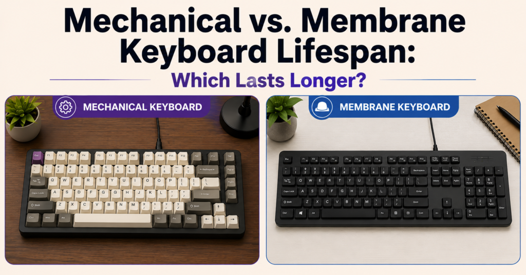 Comparison banner showing a retro-style cream mechanical keyboard on a dark wooden desk beside a black membrane keyboard on a light workspace, under the heading “Mechanical vs. Membrane Keyboard Lifespan: Which Lasts Longer?” on a clean light beige background.