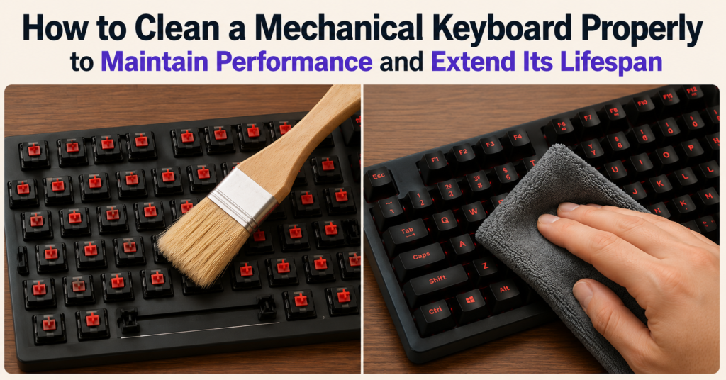 Banner showing two side-by-side mechanical keyboard cleaning scenes, including dusting exposed switches with a soft brush and wiping illuminated keycaps with a microfiber cloth, under the heading “How to Clean a Mechanical Keyboard Properly to Maintain Performance and Extend Its Lifespan” on a clean light beige background.