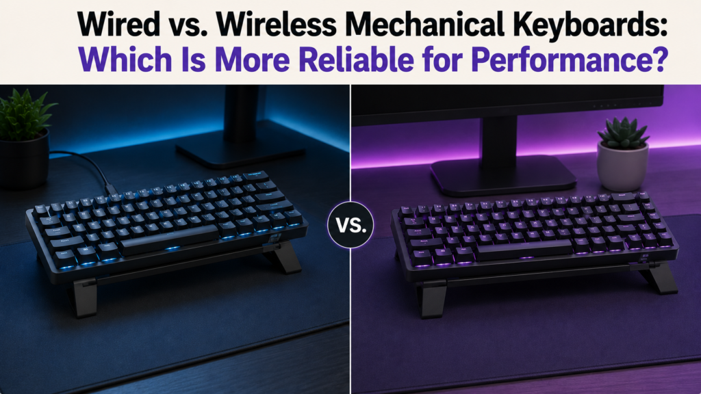 Comparison banner showing a wired mechanical keyboard with blue lighting on a keyboard stand beside a wireless mechanical keyboard with purple lighting on a matching stand, under the heading “Wired vs. Wireless Mechanical Keyboards: Which Is More Reliable for Performance?” on a clean light beige background.