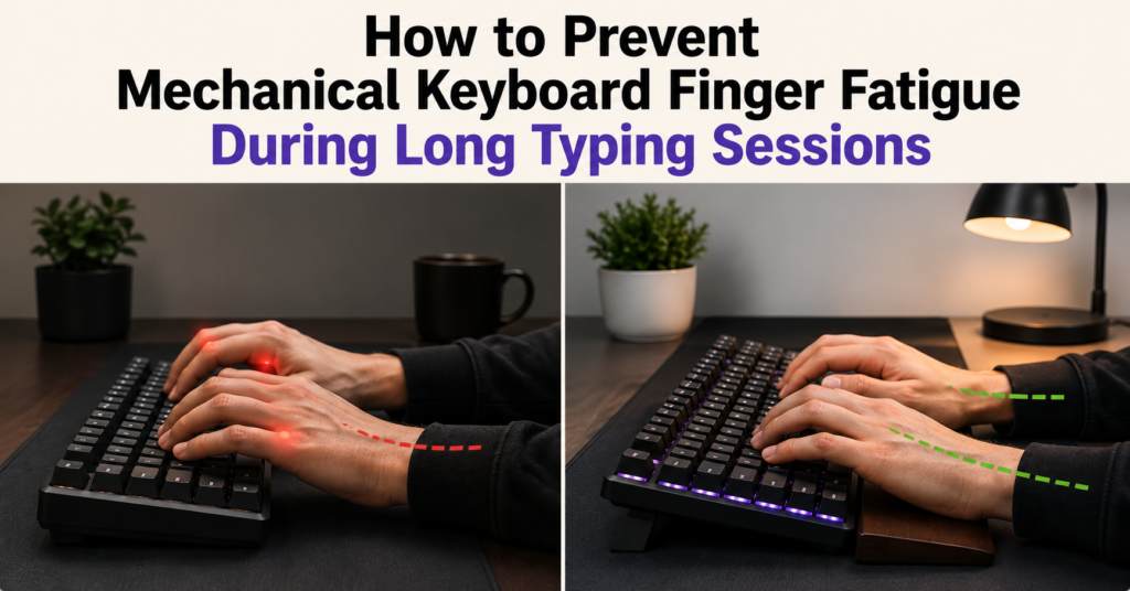 Comparison banner showing two mechanical keyboard typing setups, including an improper typing posture causing finger fatigue and an ergonomic setup with wrist support for comfortable long typing sessions, under the heading “How to Prevent Mechanical Keyboard Finger Fatigue During Long Typing Sessions” on a clean light beige background.