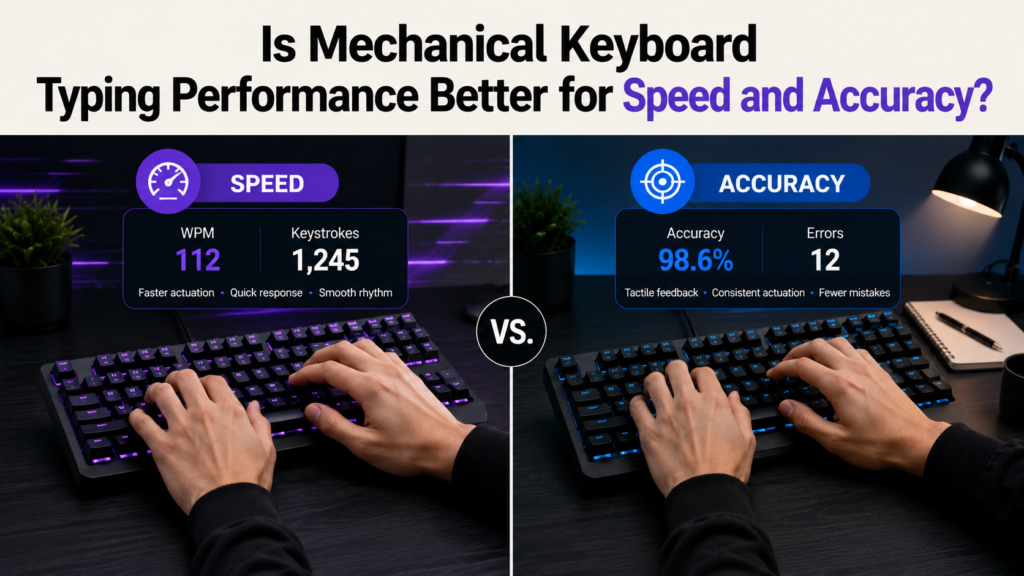 Comparison banner showing two mechanical keyboard typing setups focused on speed and accuracy, featuring purple-lit and blue-lit keyboards with hands typing, under the heading “Is Mechanical Keyboard Typing Performance Better for Speed and Accuracy?” on a clean light beige background.