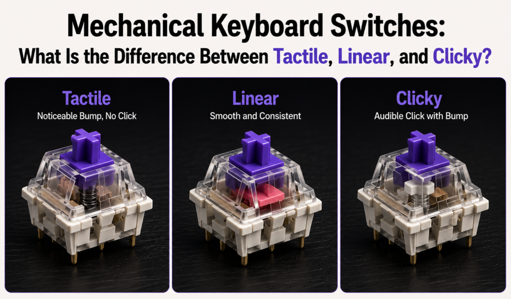 Infographic banner comparing tactile, linear, and clicky mechanical keyboard switches with three distinct switch designs displayed on dark desk-style backgrounds, under the heading “Mechanical Keyboard Switches: What Is the Difference Between Tactile, Linear, and Clicky?” on a clean light beige background.