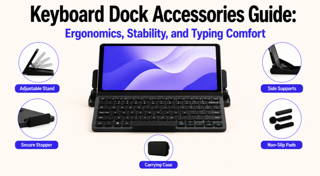 Keyboard dock accessories guide banner featuring a central tablet keyboard dock setup with labeled accessories including adjustable stand, secure stopper, side supports, non-slip pads, and carrying case on a clean white background.