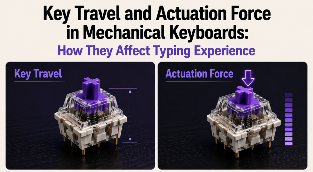 Infographic banner showing two mechanical keyboard switch illustrations on dark desk-style backgrounds, comparing key travel distance and actuation force with purple-highlighted indicators, under the heading “Key Travel and Actuation Force in Mechanical Keyboards: How They Affect Typing Experience” on a clean light beige background.