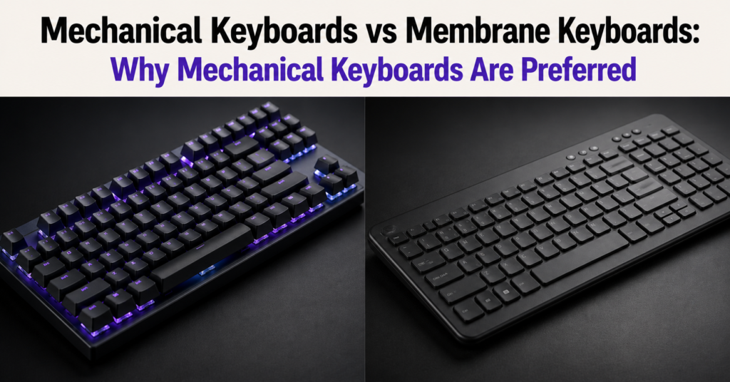 Comparison banner showing a purple-backlit mechanical keyboard beside a slim black membrane keyboard on dark desk-style backgrounds, under the heading “Mechanical Keyboards vs Membrane Keyboards: Why Mechanical Keyboards Are Preferred” with the second part highlighted in purple on a clean light beige background.