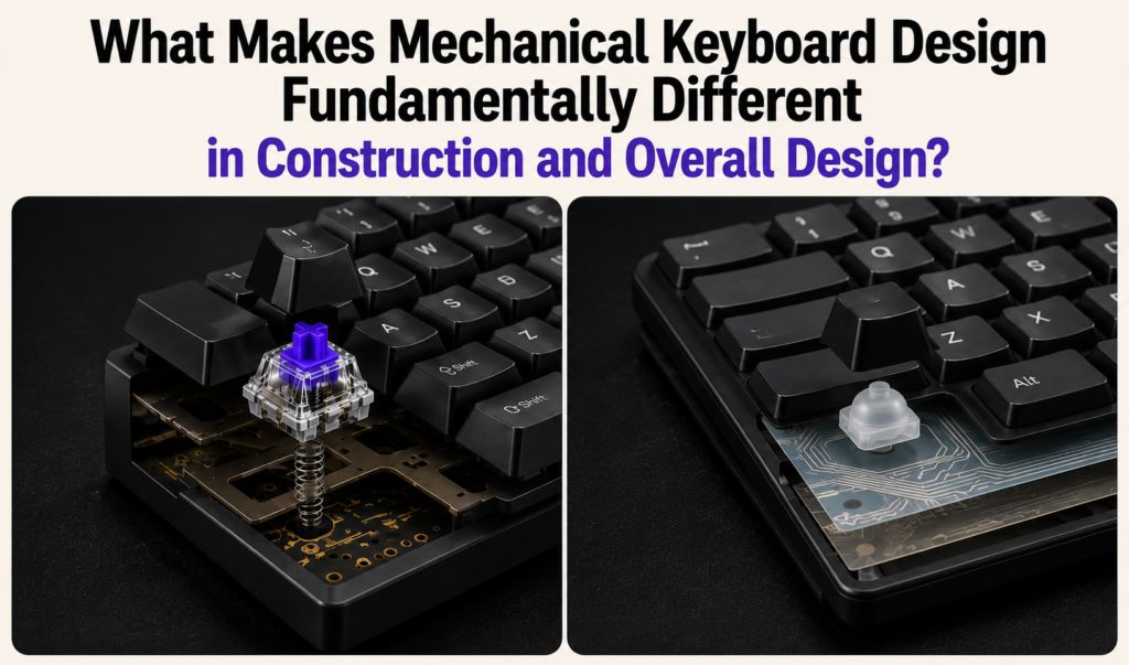 Comparison banner showing a close-up mechanical keyboard switch assembly beside a membrane keyboard layer structure on dark desk-style backgrounds, under the heading “What Makes Mechanical Keyboard Design Fundamentally Different in Construction and Overall Design?” with the second part highlighted in purple on a clean light beige background.
